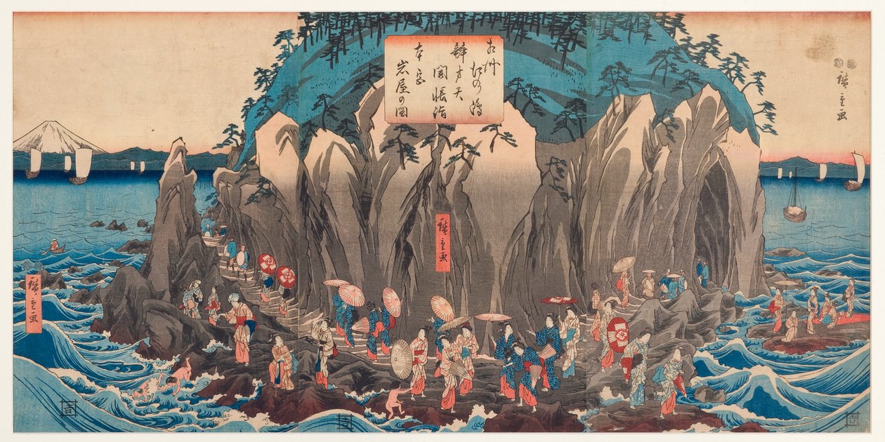 Vy över en pilgrimsfärd till Benzaitens grotta och helgedom i Enoshima, Sagami, ca 1850-51 (träsnitt) av Utagawa Hiroshige