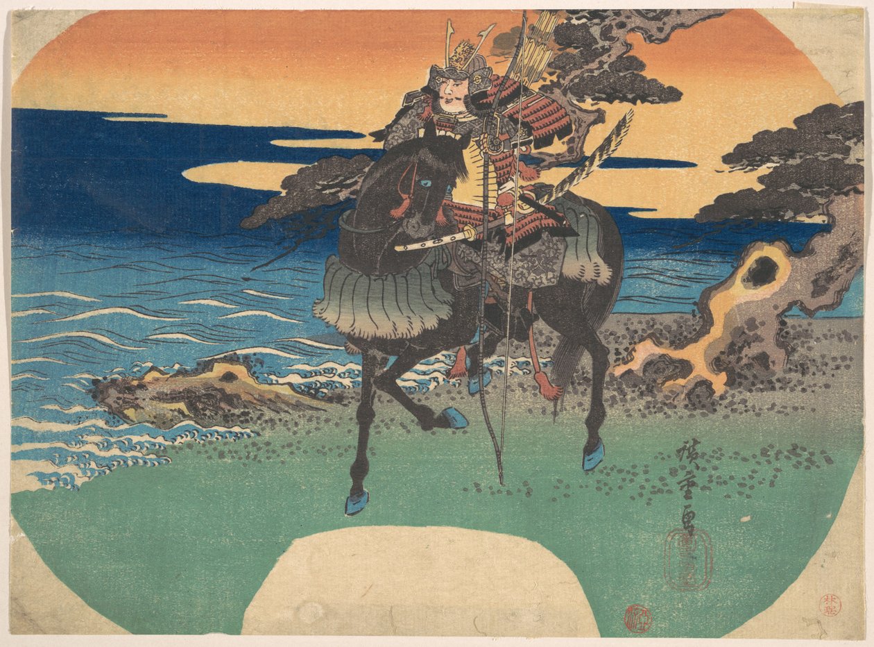 Krigare ridande på svart häst längs havsstranden av Utagawa Hiroshige