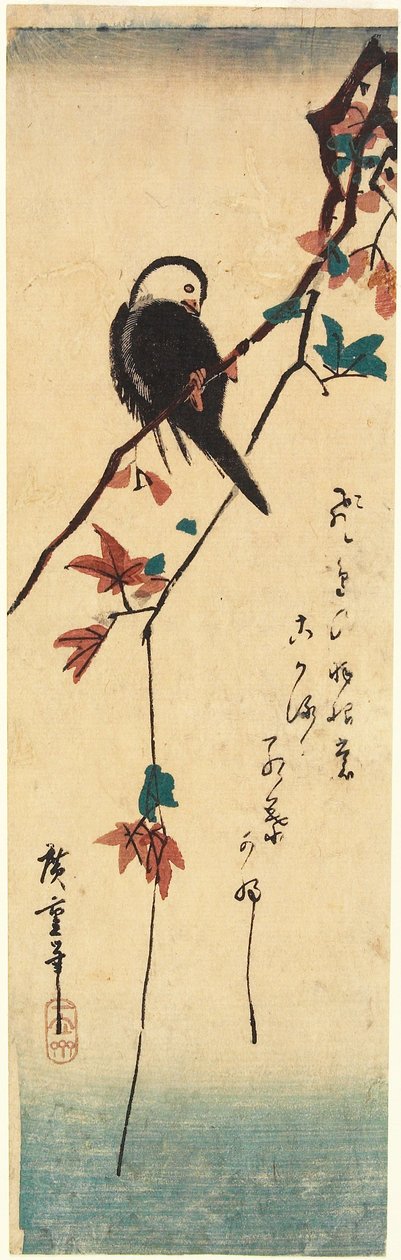 Vitkronad fågel på en lönngren av Utagawa Hiroshige