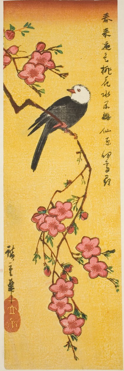 Vithövdad fågel på persikagren av Utagawa Hiroshige
