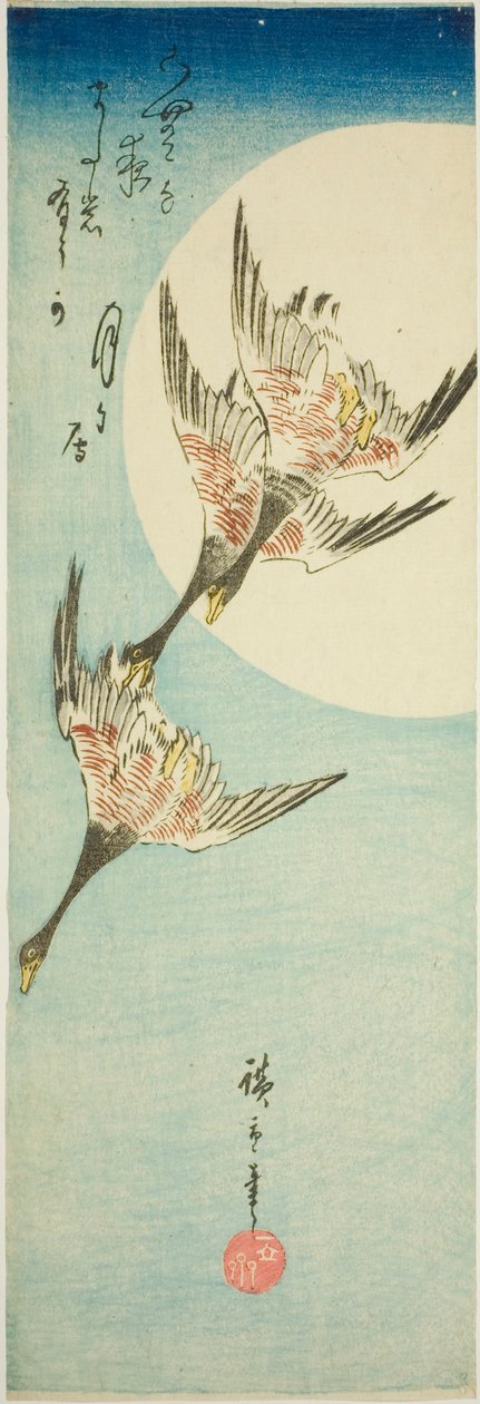 Vilda gäss som flyger över fullmåne av Utagawa Hiroshige