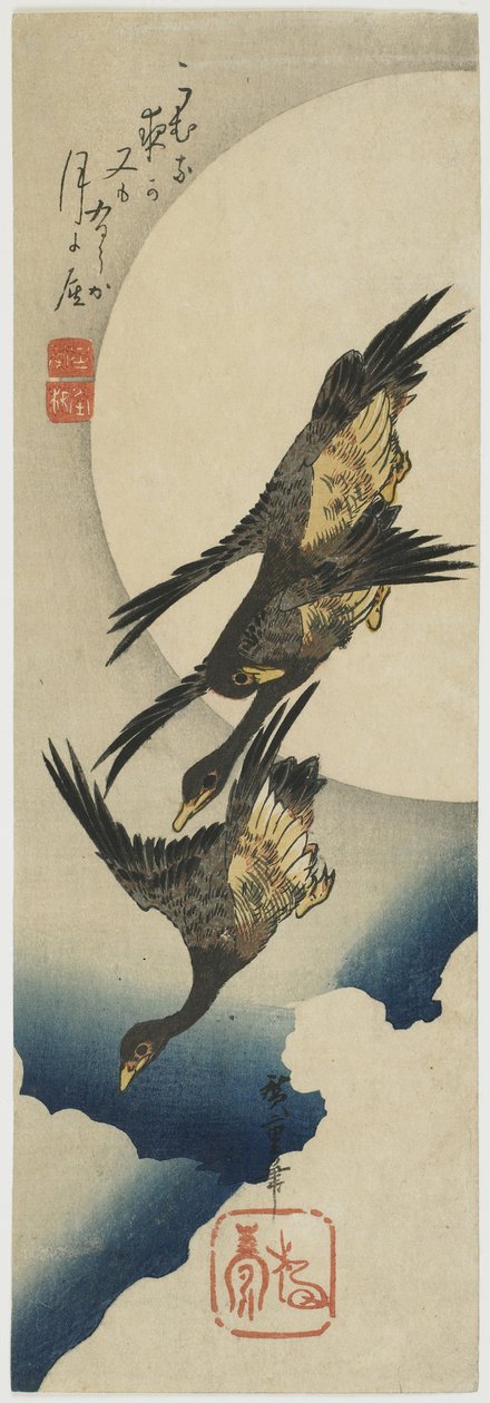 Vilda gäss över månen, 1834-39 (träblock i färg) av Utagawa Hiroshige