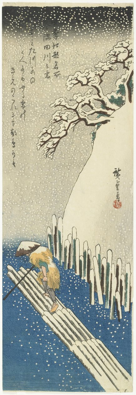Vinter: Snö över Sumidafloden, ca 1834 av Utagawa Hiroshige
