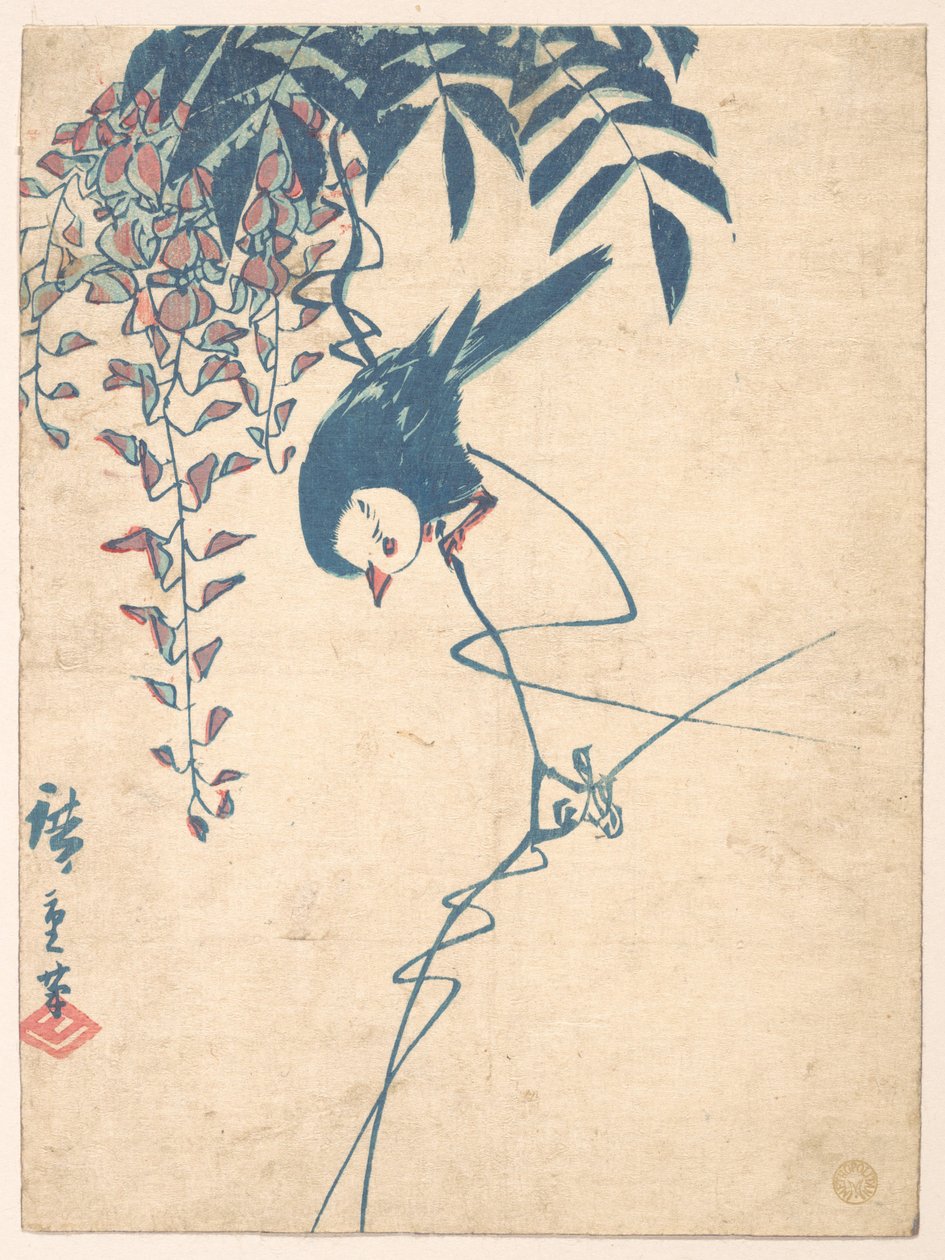 Blåregn och vithövdad fågel av Utagawa Hiroshige