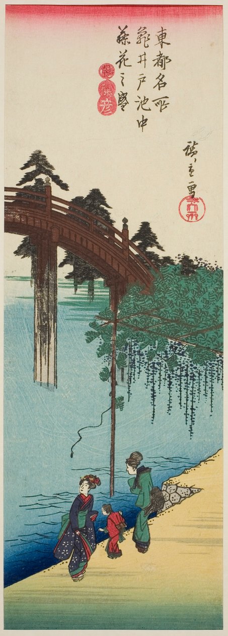 Blåregn i full blom över dammen vid Kameido Shrine (Kameido ike chu fujibana no sakari), från serien "Famous Places in the Eastern Capital (Toto meisho)" av Utagawa Hiroshige