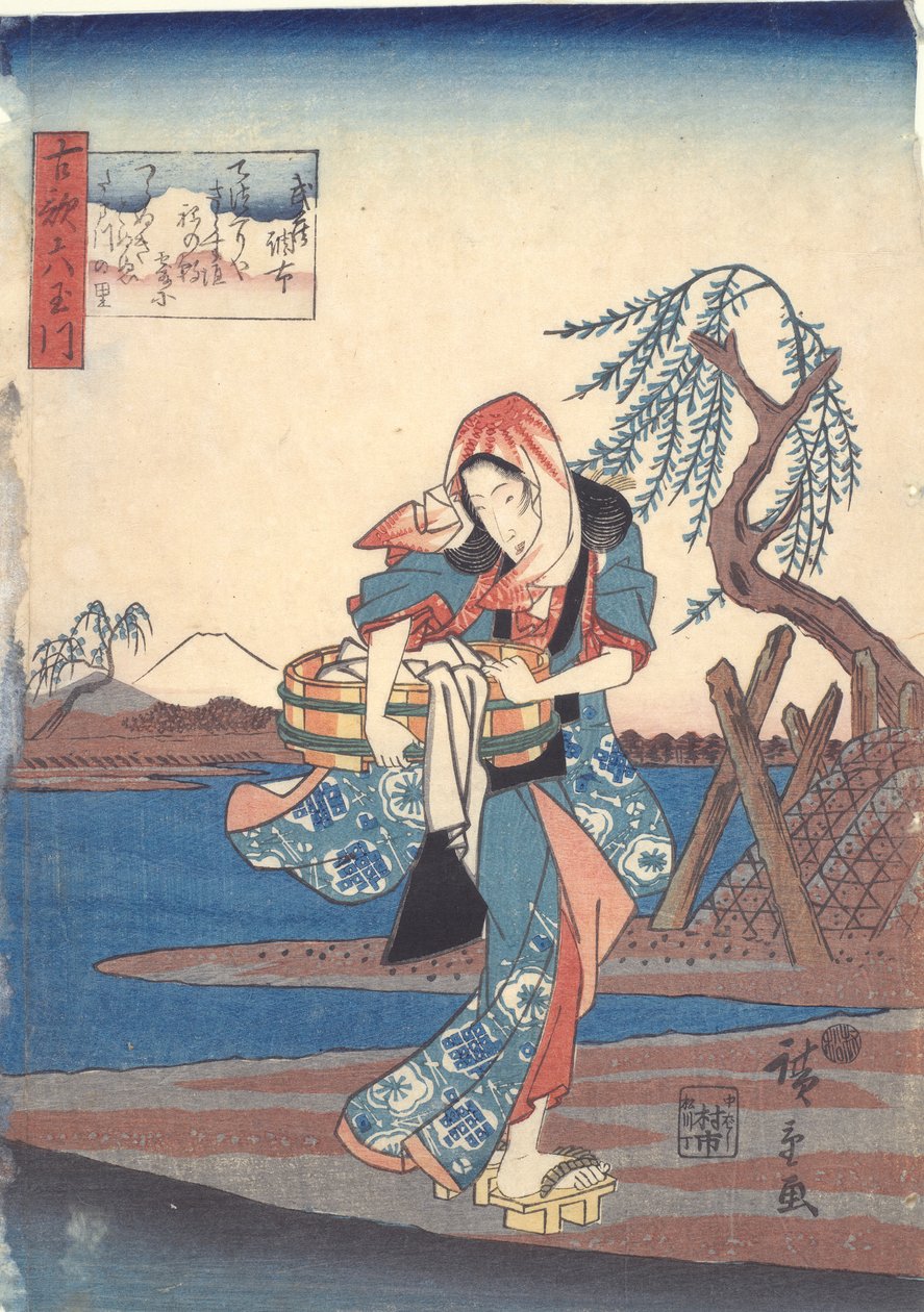 Kvinna som tvättar kläder vid Chofufloden: Six Tama Rivers av Utagawa Hiroshige