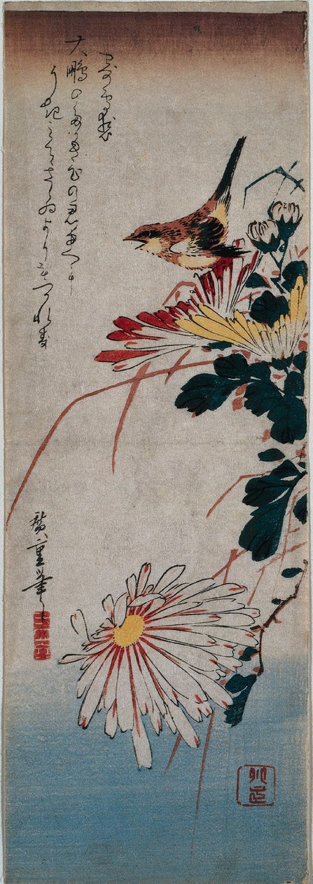 Gärdsmyg och krysantemum av Utagawa Hiroshige