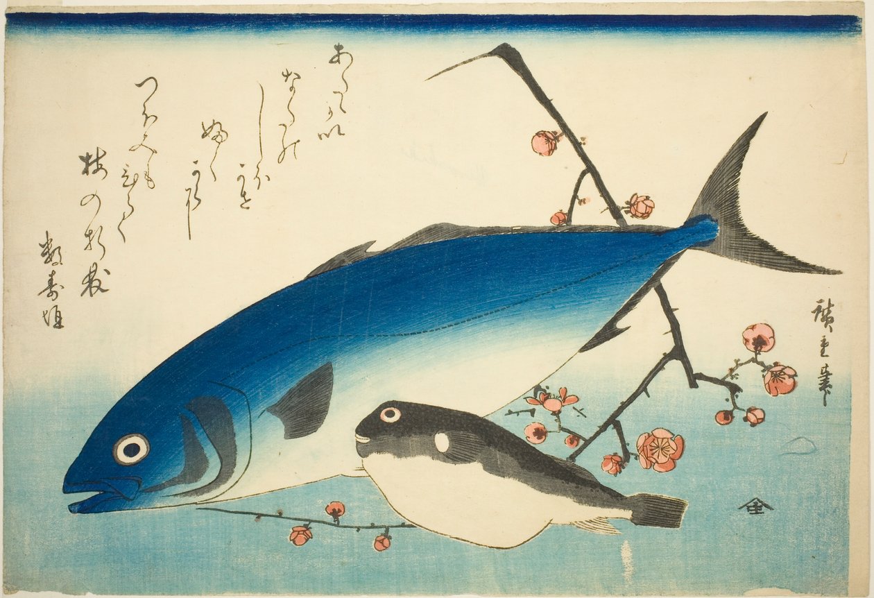 Gulsvans, blåsfisk och plommongren av Utagawa Hiroshige