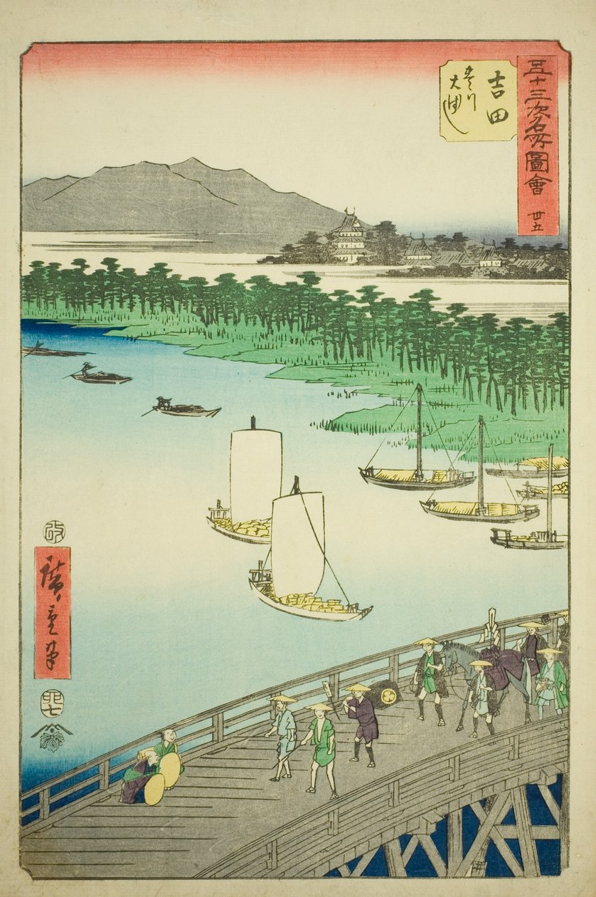Yoshida: Stora bron över Toyofloden (Yoshida, Toyokawa ohashi), nr. 35 från serien "Famous Sights of the Fifty-three Stations (Gojusan tsugi meisho zue)," även känd som Vertical Tokaido av Utagawa Hiroshige