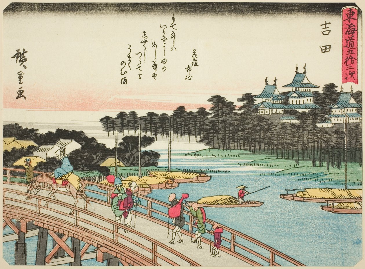 Yoshida, från serien "Fifty-three Stations of the Tokaido (Tokaido gojusan tsugi)," även känd som Tokaido med dikt (Kyoka iri Tokaido) av Utagawa Hiroshige