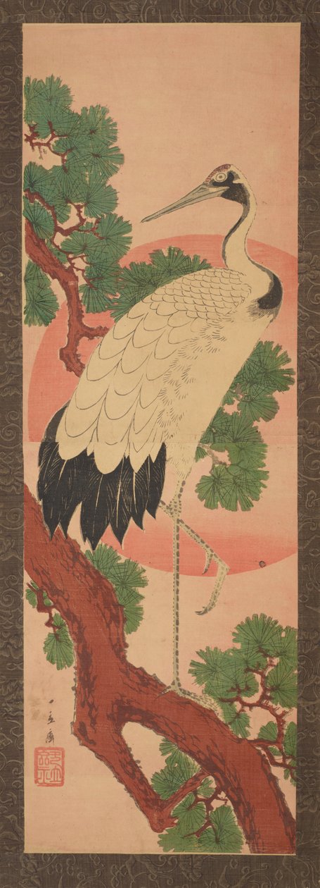 Kranich auf einem Kiefernzweig vor der Sonnenscheibe av Utagawa Hiroshige