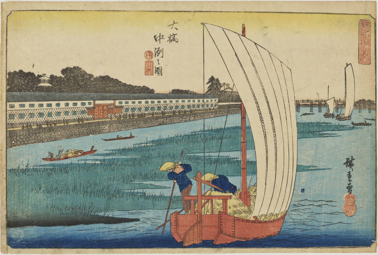 ”Sandbank vid Ōhashi” ur serien ”Enastående vyer över Edo” av Utagawa Hiroshige
