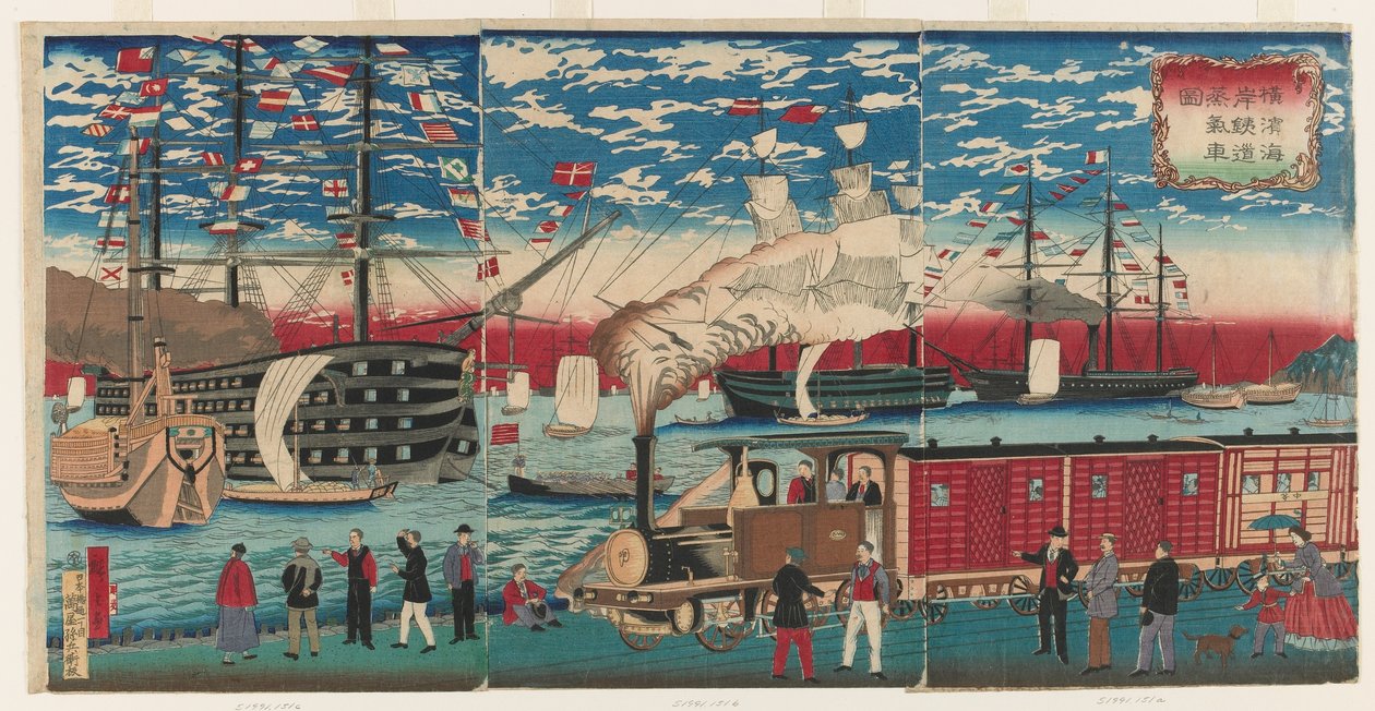 Bild på ett lok längs Yokohama Waterfront, Yokohama, Edo-perioden av Utagawa Hiroshige III