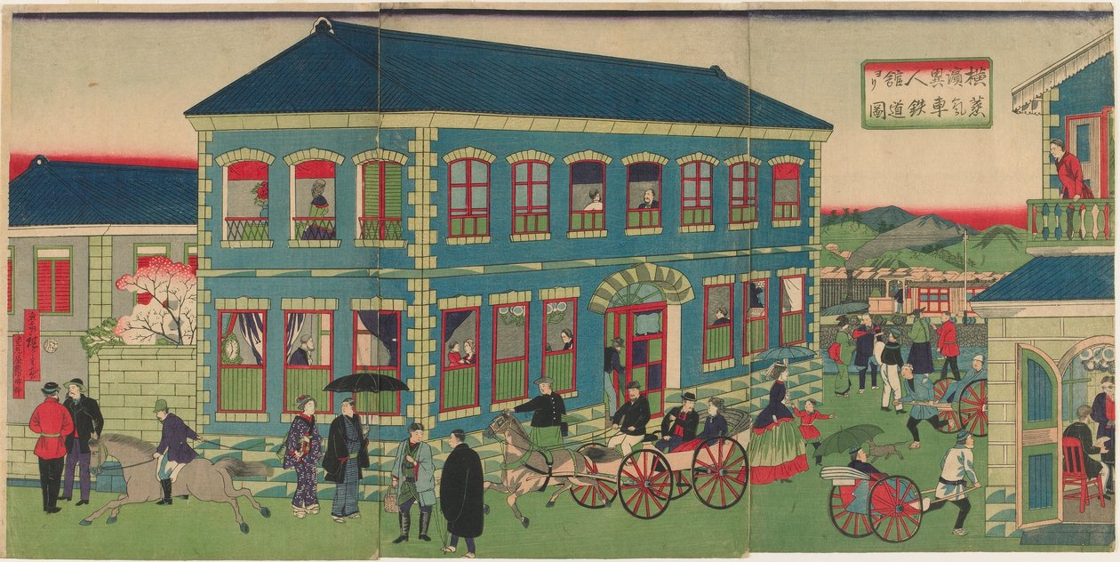 Bild på ångtåget från de utländska anläggningarna i Yokohama, Meiji-eran av Utagawa Hiroshige III