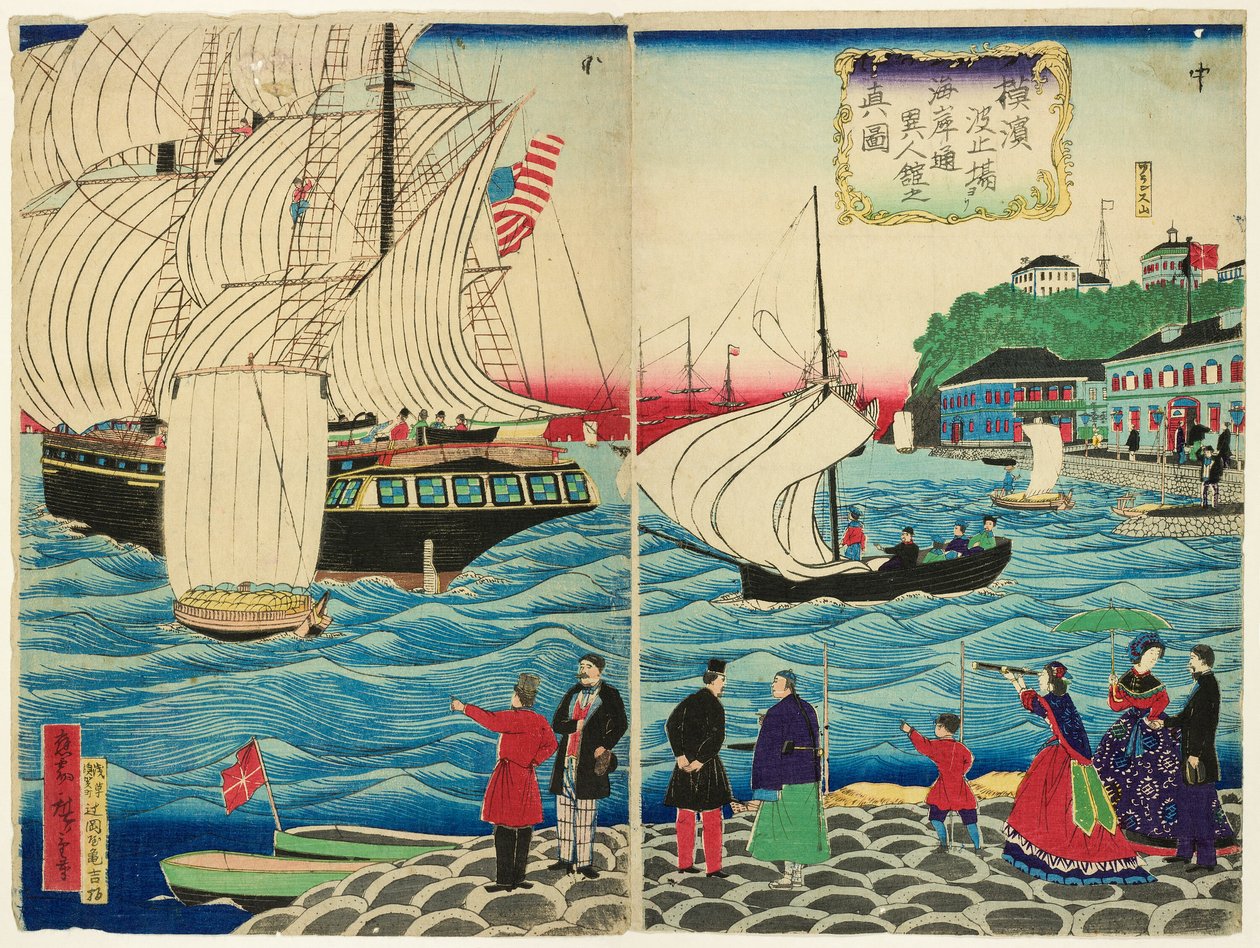 T roue view w f te fo example g part l jin gs aong g te water rf theory t sen from te Yokohama warves av Utagawa Hiroshige III