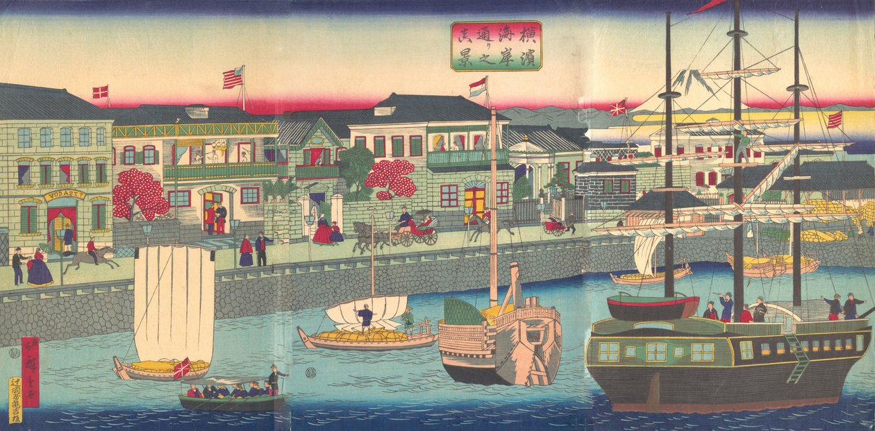 5:e porten, 1870, polis vid floden Yokohama, 1870. av Utagawa Hiroshige III
