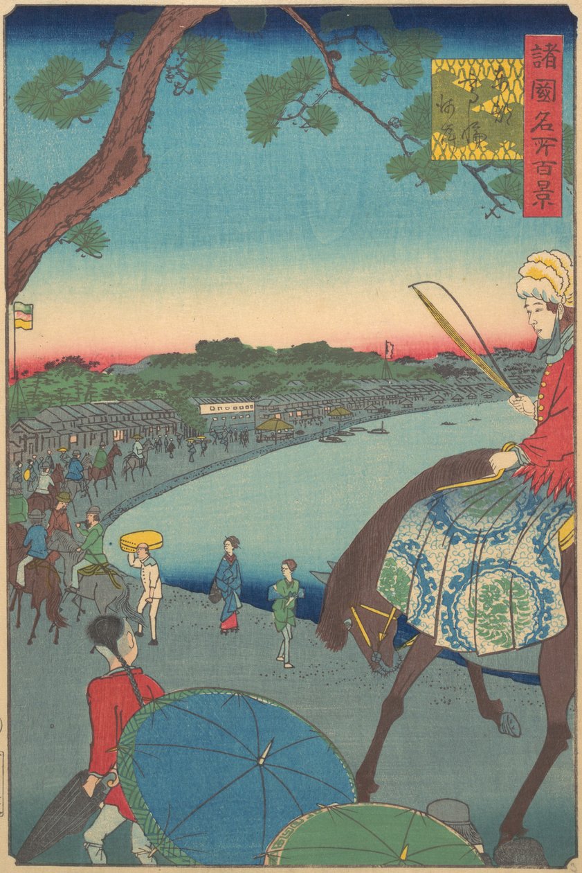 Utlänningar som rider längs kusten vid Takanawa i den östra huvudstaden, 9:e månaden, 1861. av Utagawa Hiroshige II