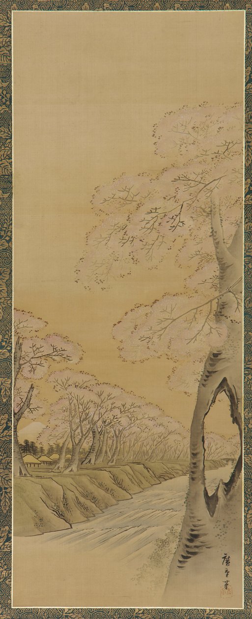 Landskap: blommande körsbärsträd längs stranden av en bäck, Edo-perioden, 1615-1868. av Utagawa Hiroshige II