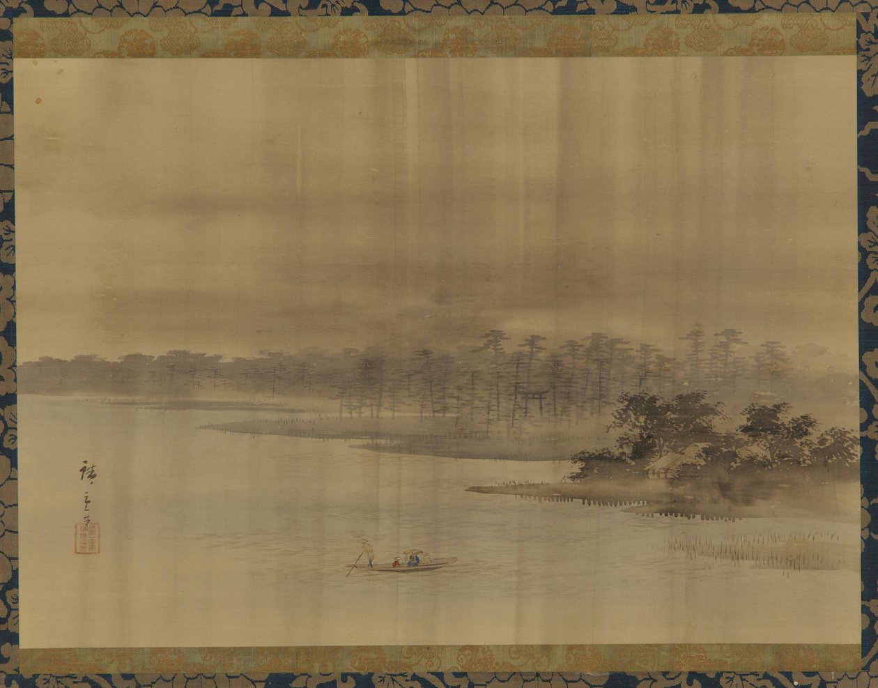 Flodlandskap och tempel i regnet, Edo-perioden, 1800-talet. av Utagawa Hiroshige II