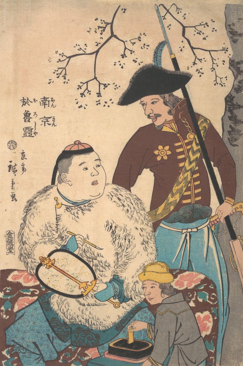 Ryssar och en kines som skriver in en fan, 12:e månaden, 1860. av Utagawa Hiroshige II