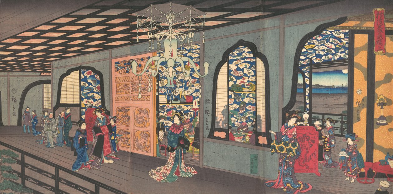 Övre våningen i Gankiro Tea House i Yokohama, 4:e månaden, 1860. av Utagawa Hiroshige II