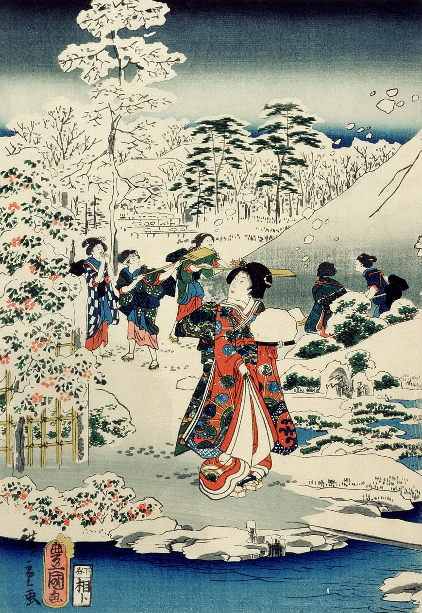 Pigor i en snötäckt trädgård av Utagawa and Hiroshige II Utagawa Kunisada
