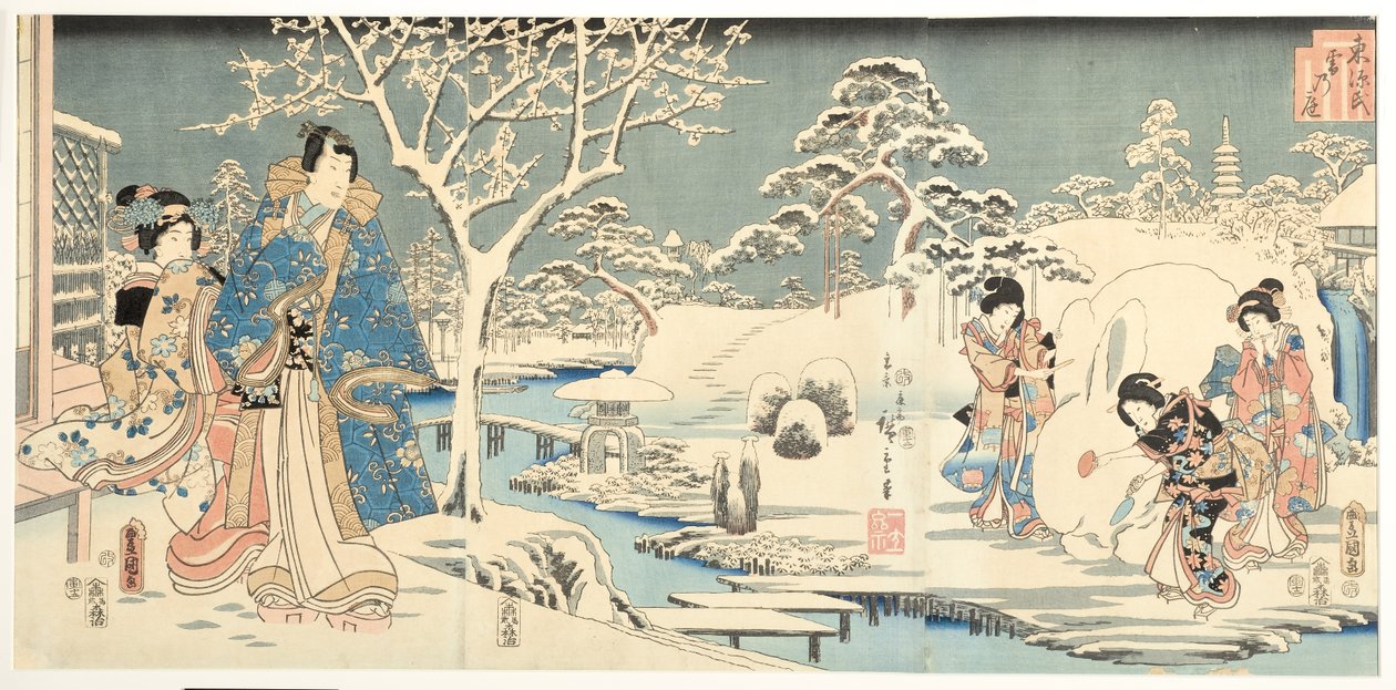 En östlig Genji i en snöig trädgård, 1854 (träkloss) av Utagawa Hiroshige and Kunisada