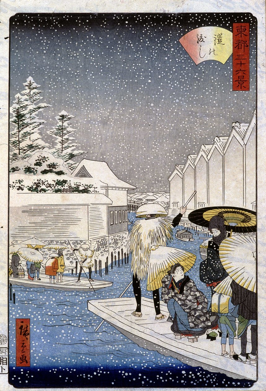 Båtar under snön, Japan - Hiroshige-tryck av Utagawa II Hiroshige