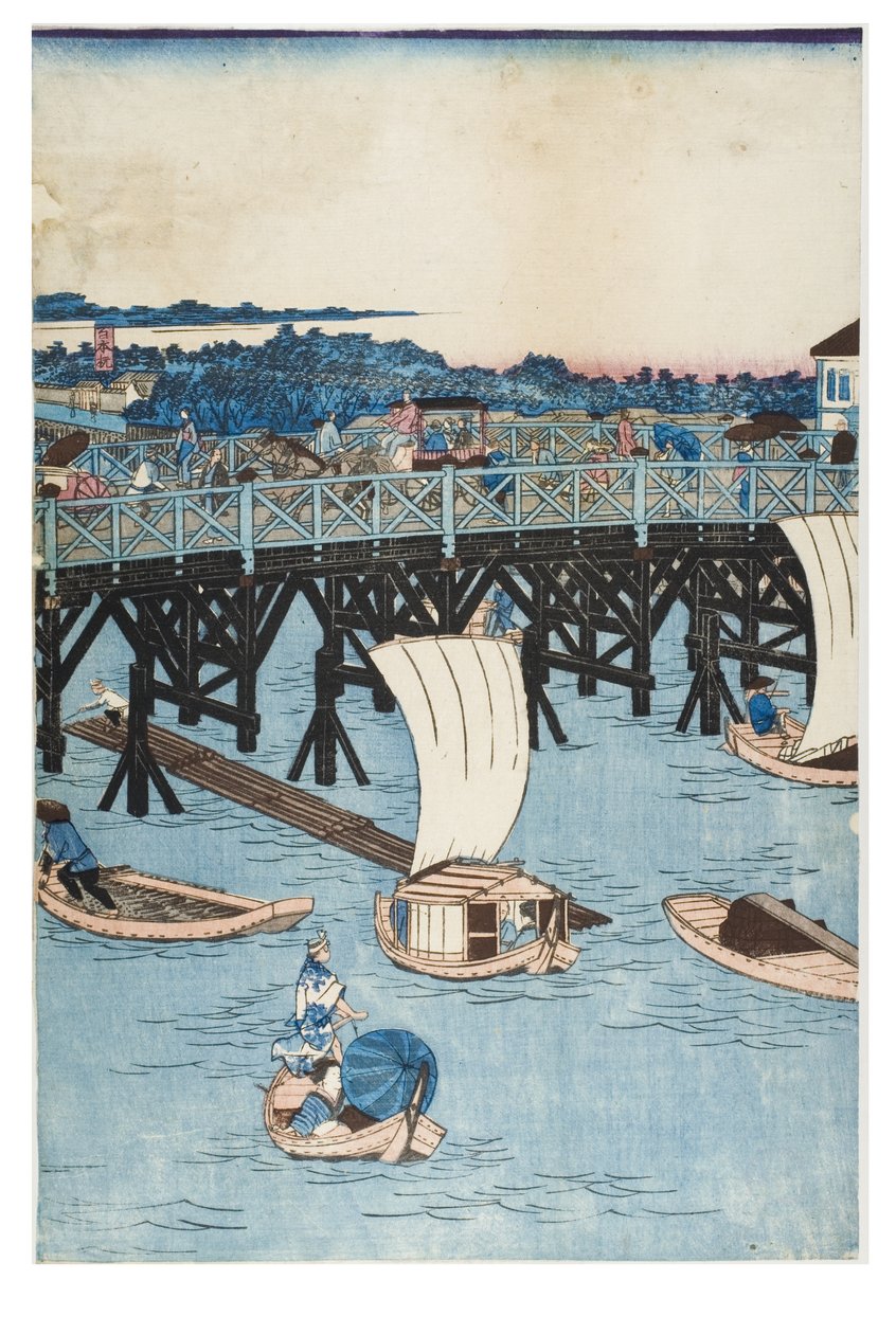 Berömda platser i Tokyo, True View of Ryogoku Bridge av Utagawa II Hiroshige