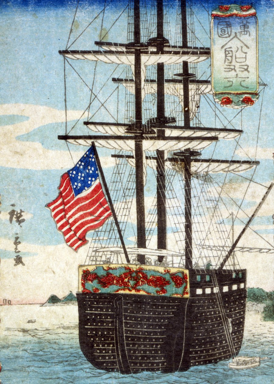 Utländska fartyg som anlöper hamn, (Bankoku nyusen sugoroku), 1860 av Utagawa II Hiroshige