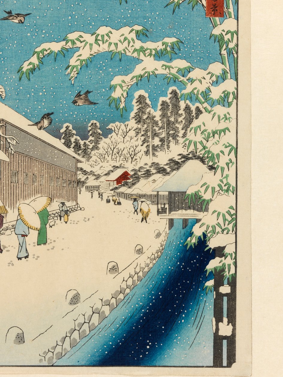 Atagoshita och Yabu Lane (Atagoshita Yabukôji), före 1858 (färgtryck från träblock, med glimmerflingor och tygtryck) av Utagawa I Hiroshige