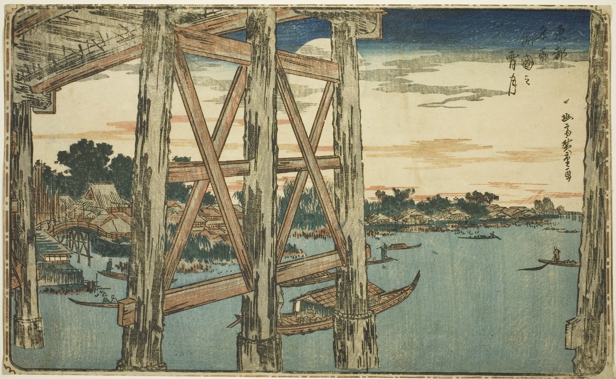 Twilight Moon at the Ryogoku Bridge (Ryogoku no yoizuki), c.1831 (träblock i färg; oban) av Utagawa I Hiroshige