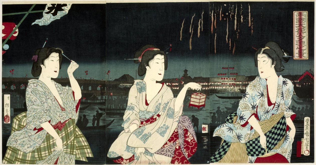 Njuter av kvällsbrisen under fyrverkerierna på Ryogoku Ryogoku hanabi yusuzumi no kei (titel på objekt) av Utagawa Kunichika