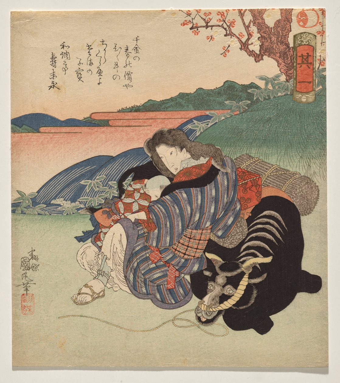 En kvinna och en pojke vilar mot en oxe av Utagawa Kunimaru