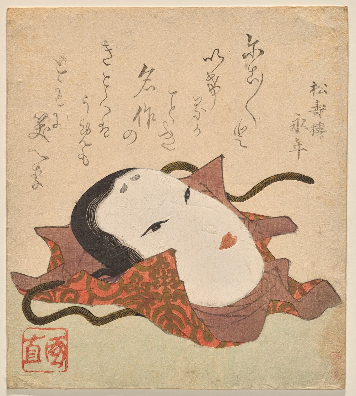 N? mask i en brokad omslagsduk dekorerad med ett paulownia-motiv av Utagawa Kuninao