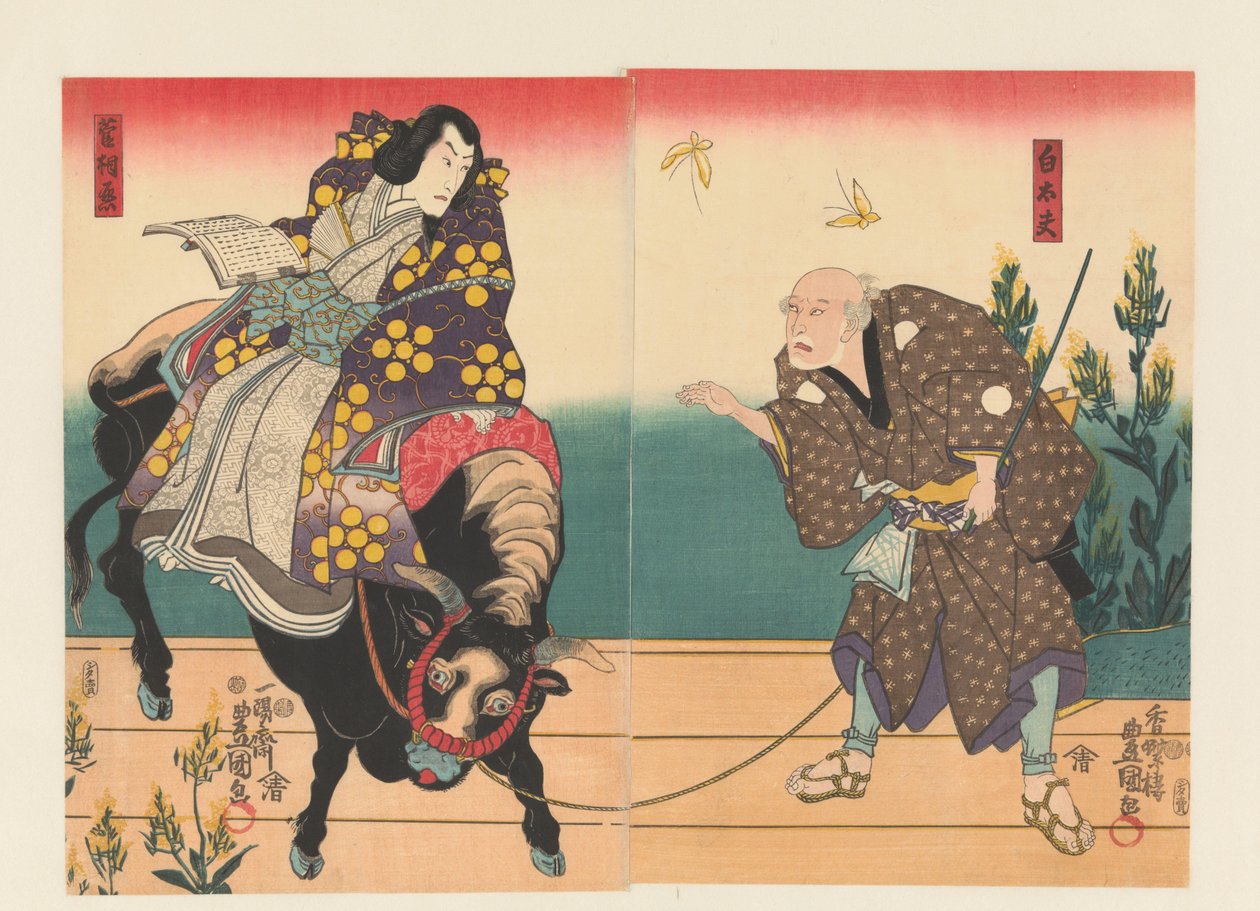 Bonde eskorterar hovman på svart oxe av Utagawa Kunisada (I)