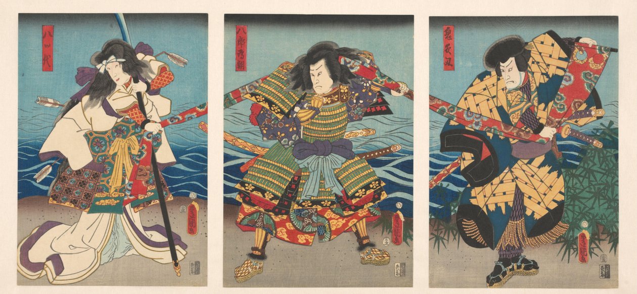 Tre kabuki-skådespelare som drar en röd banderoll av Utagawa Kunisada (I)