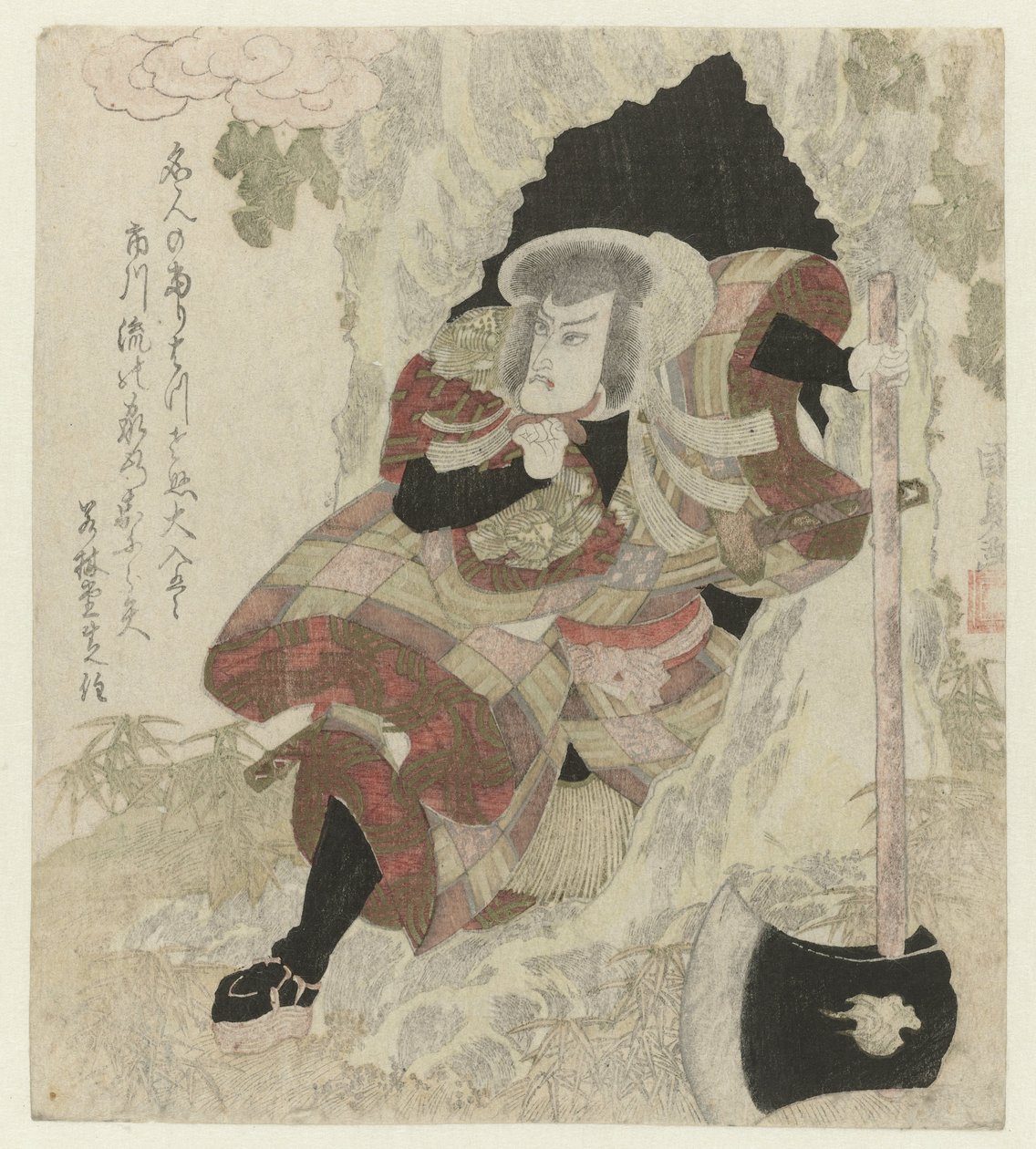 Man med yxa tar sig ur ett träd av Utagawa Kunisada (I)