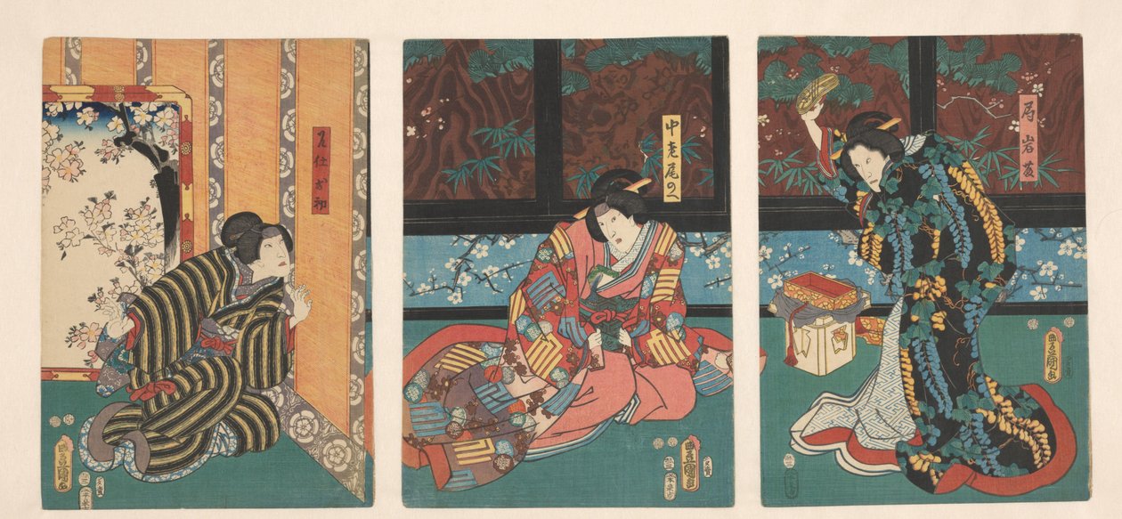 Scen från Play The Mirror Mountain Ohatsu spioner grälar mellan blivande damer av Utagawa Kunisada (I)
