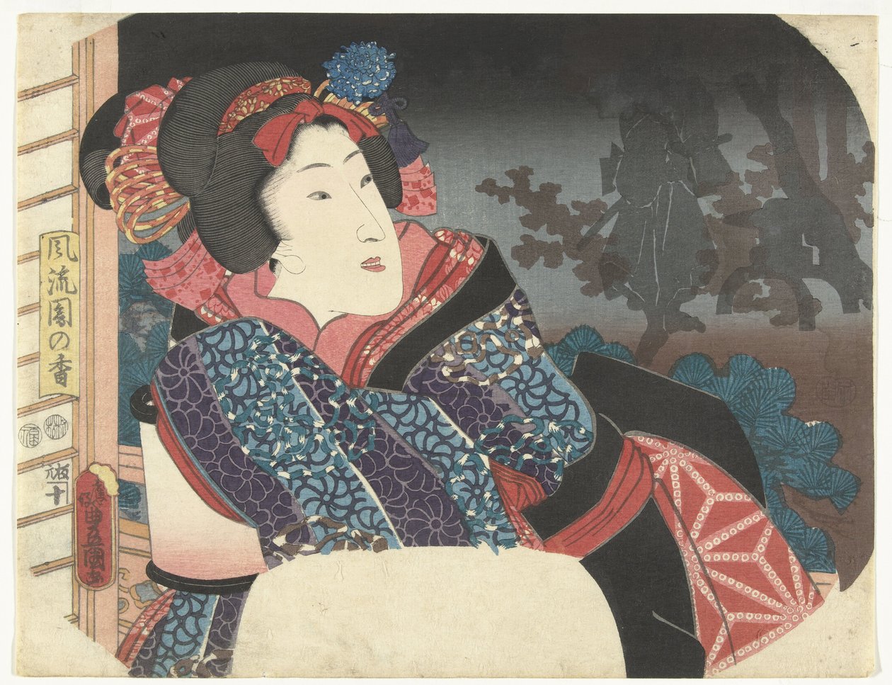 Kvinna täcker lykta med kimono Urval av eleganta trädgårdar (serietitel) Furyu sono no ko (serietitel på objekt) av Utagawa Kunisada (I)