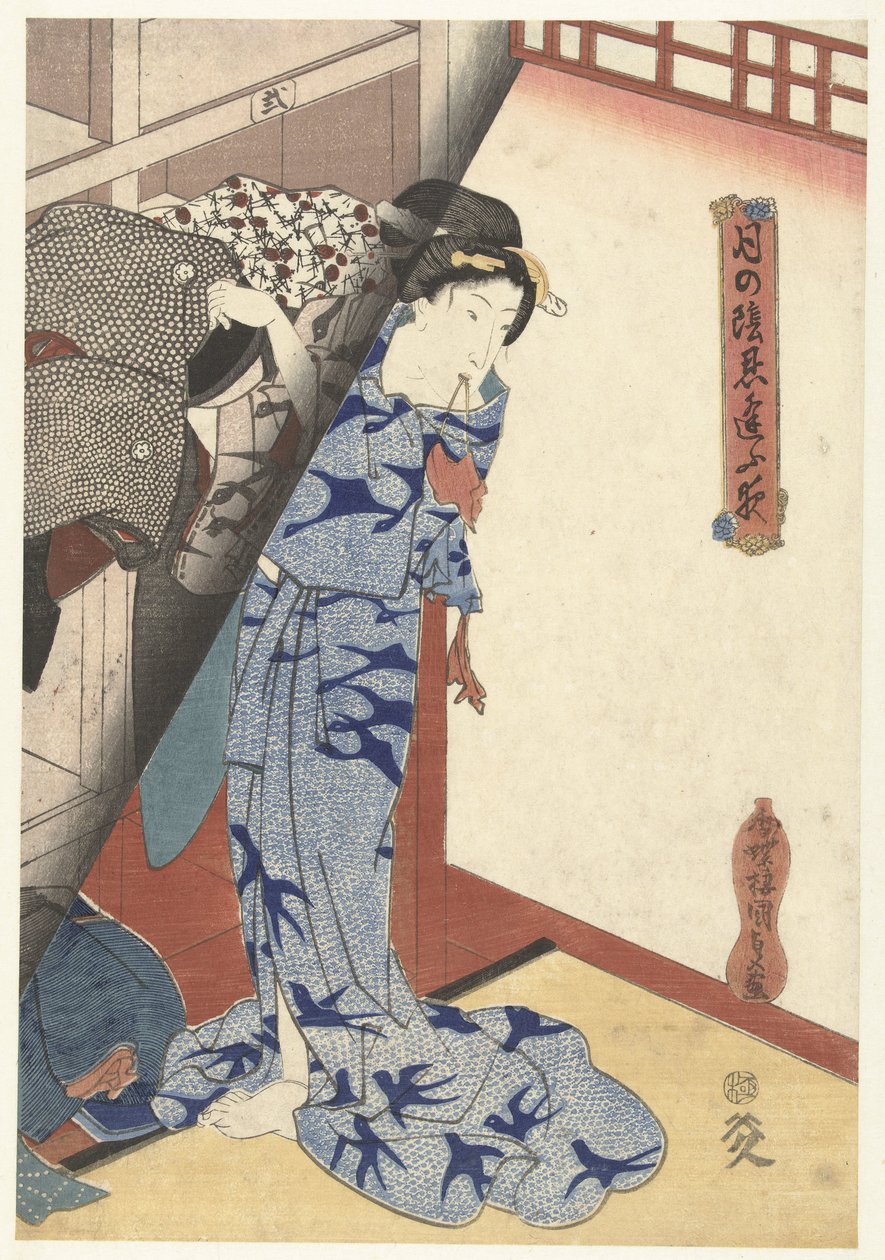 Kvinna lägger undan en kimono Secret Nighttime Dates av Moonlight (serietitel) Tsuki no kage shinobiau yoru (serietitel på objekt) av Utagawa Kunisada (I)