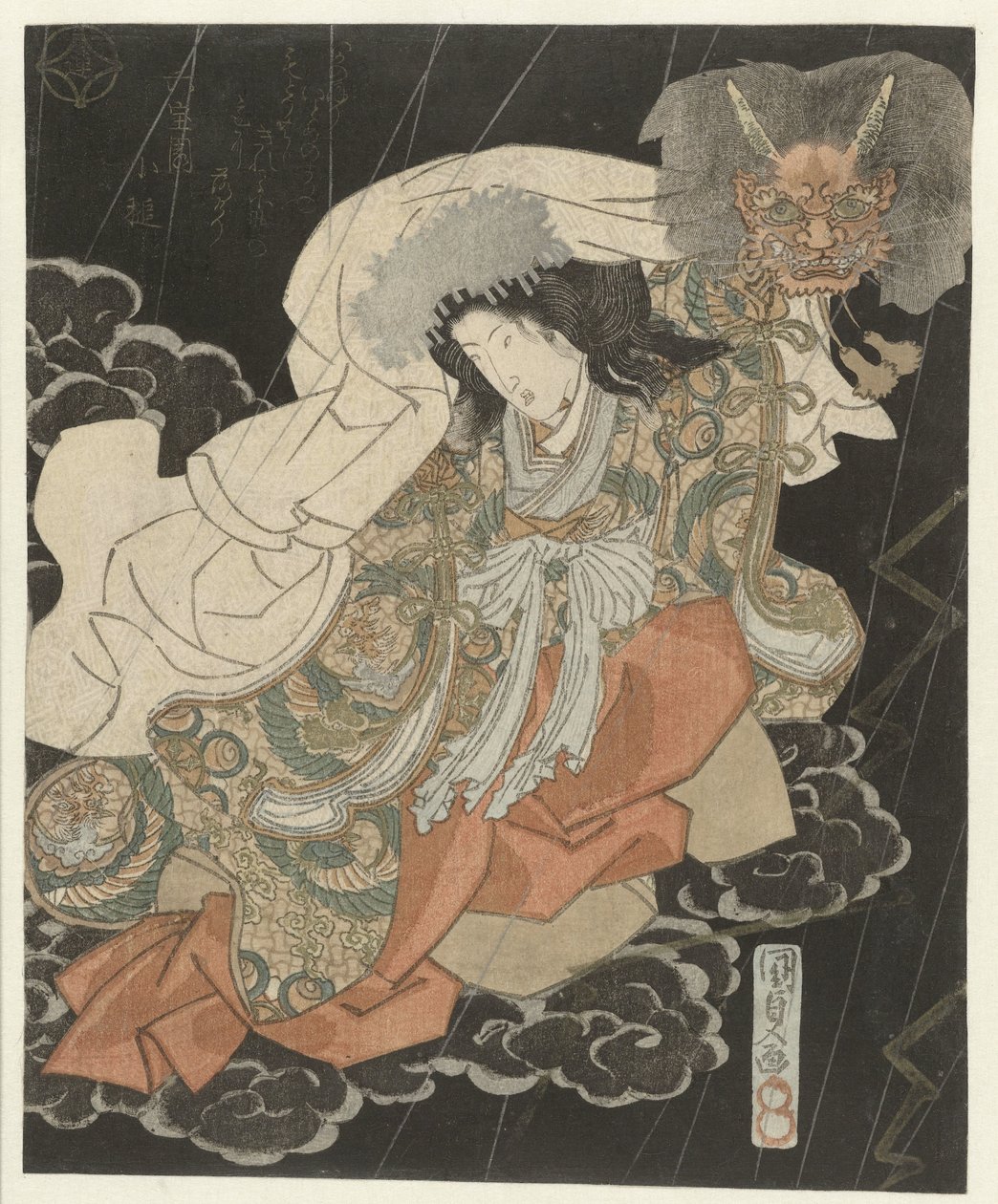 Kvinna med demonmask mellan molnen av Utagawa Kunisada (I)