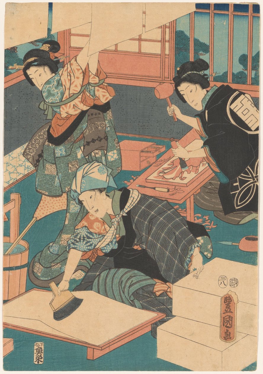 Kvinnor gör bilder (mitten) av Utagawa Kunisada (I)