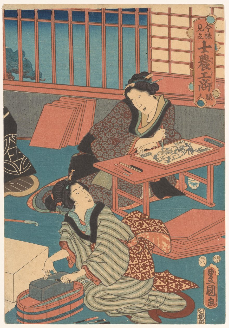 Kvinnor gör bilder (höger del) av Utagawa Kunisada (I)