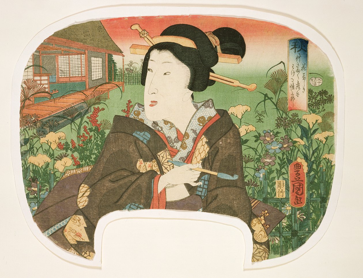 Efterår, Hanayashiki: En geisha med pibe, design til en ventilator fra et sæt på fire, der illustrerer årstiderne, 1858-60 (træbloktryk) swed av Utagawa Kunisada