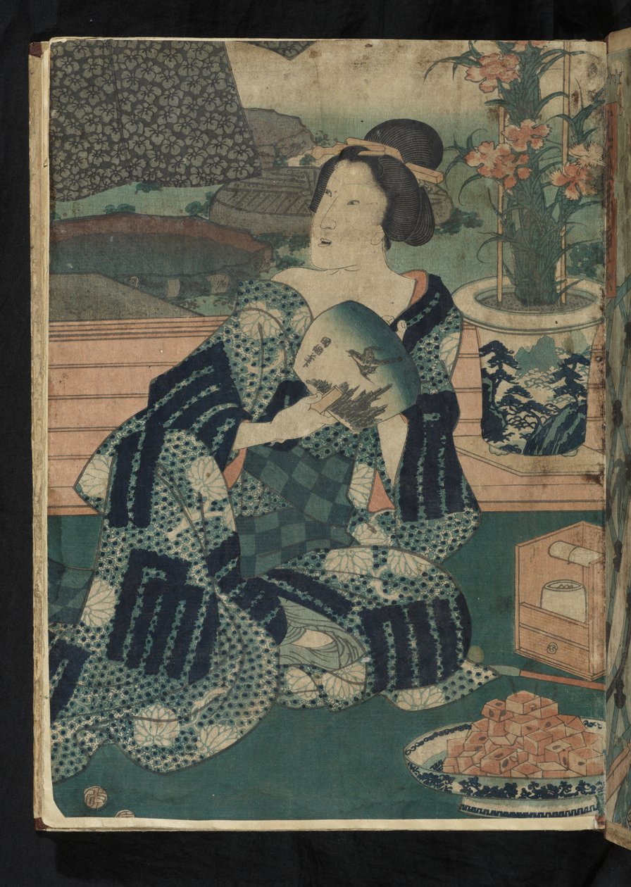 Avant et après - sittande japansk kvinna som fläktar sig själv från "The Sixth Month: Summer airing of clothes" av Utagawa Kunisada