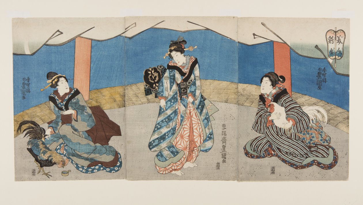 Skönheter under en tuppkamp (Bijin Toriaiu) (träblock i färg) av Utagawa Kunisada