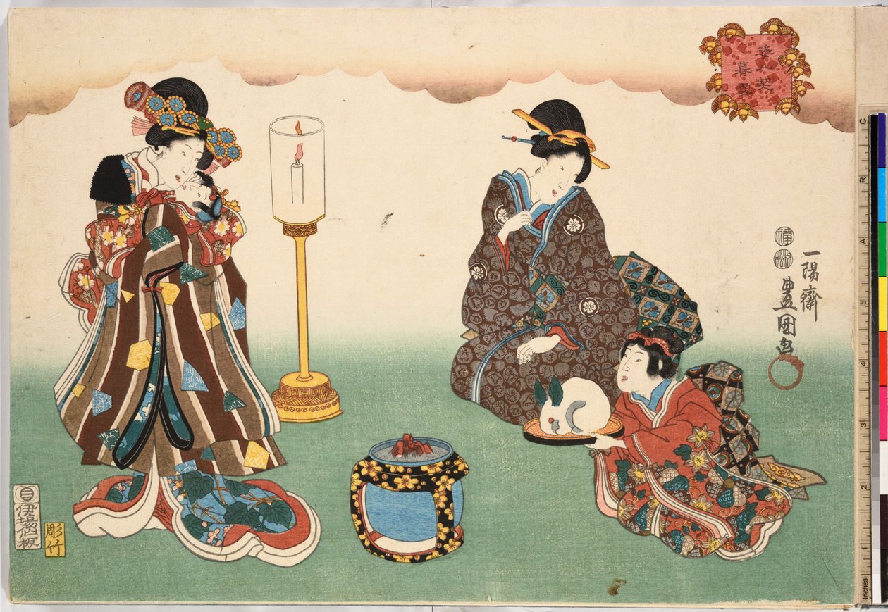 Evening Snow Bo-setsu, från serien, Eight Figural Views Sugata Hakkei, ca. 1850., ca. 1850 av Utagawa Kunisada