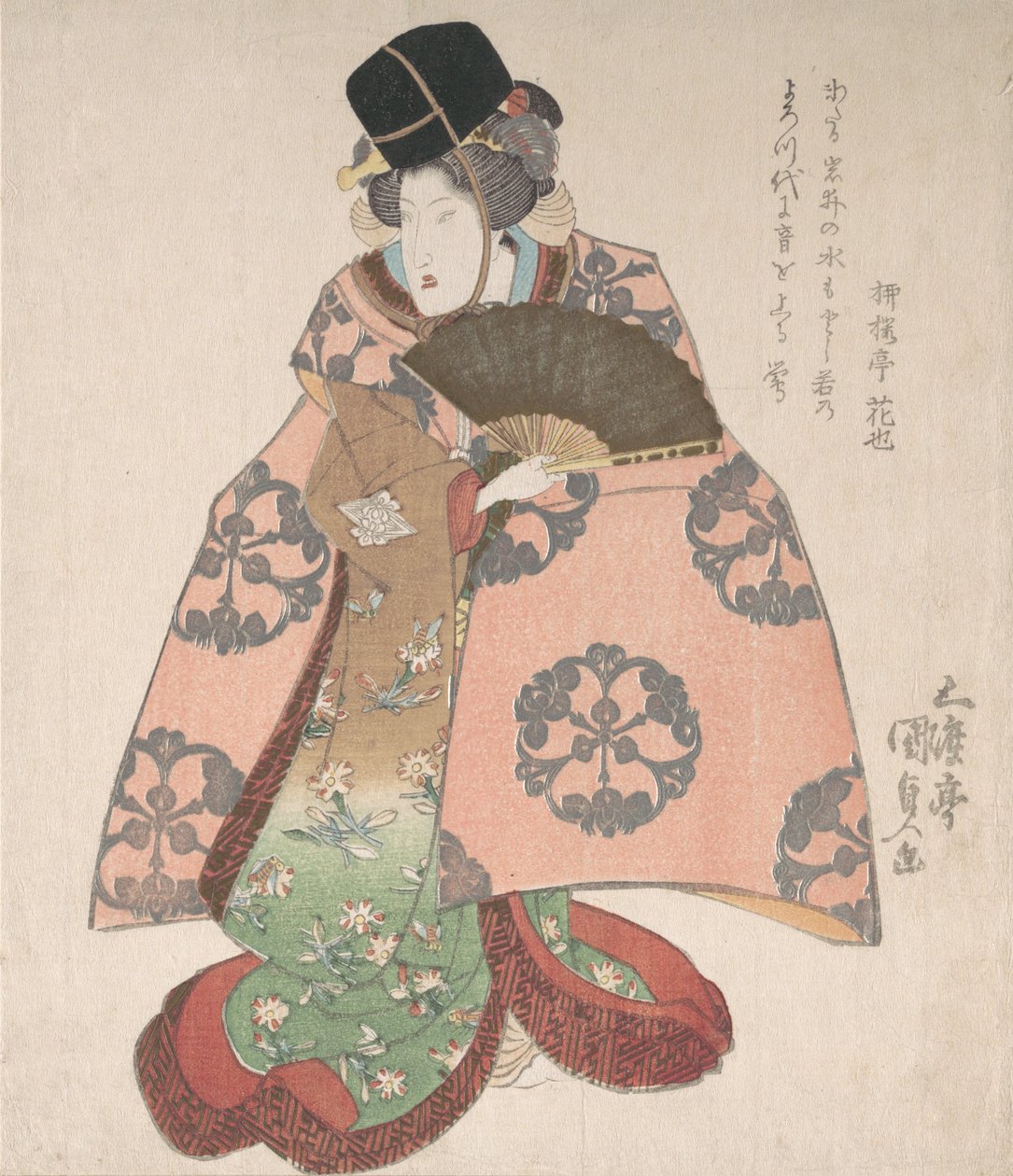 Kabuki skådespelare i en kvinnlig roll som står med en fan, 1800-talet., 1800-talet. av Utagawa Kunisada