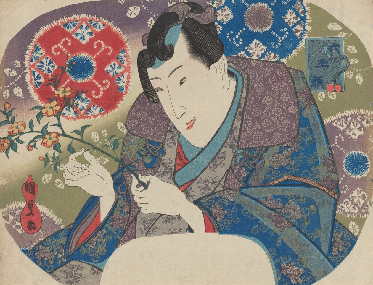 Mitsuuji med Mountain Roses Yamabuki, från serien "Six Jewel Faces" M..., mitten till slutet av 1830-talet. av Utagawa Kunisada